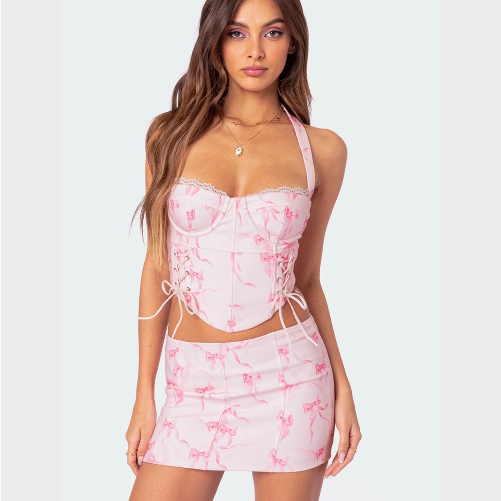 NWT Edikted Two Piece Corset Bow Skirt & Crop top Set